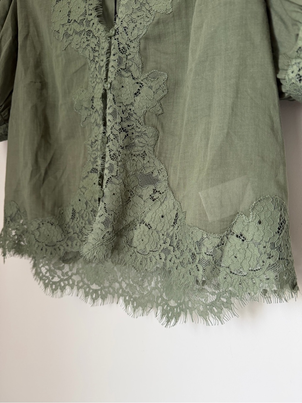 Olive Green cotton Lace-Trim Puff Sleeve short sleeve Blouse - Picture 3 of 7